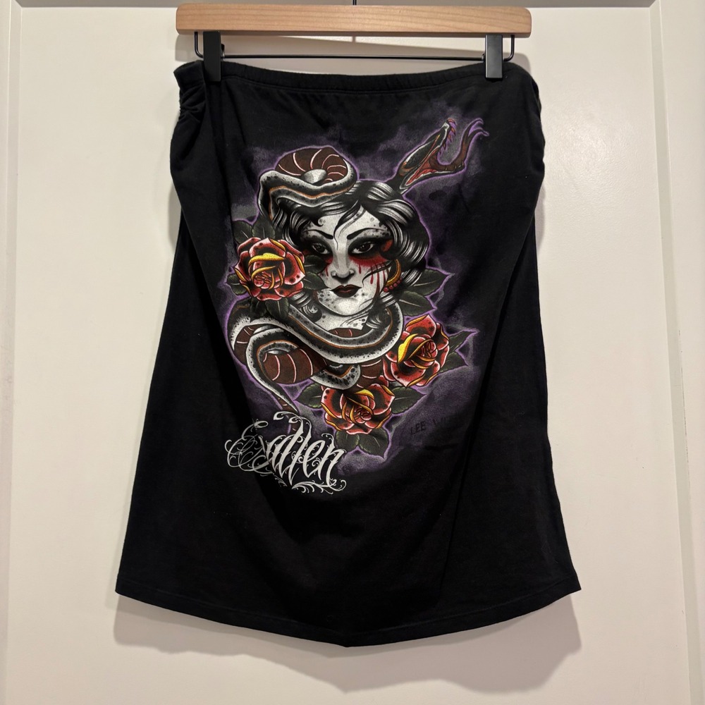 Sullen Angels XX-Love Black Tattoo Graphic Snake Rose Tube Top Strapless Size XL